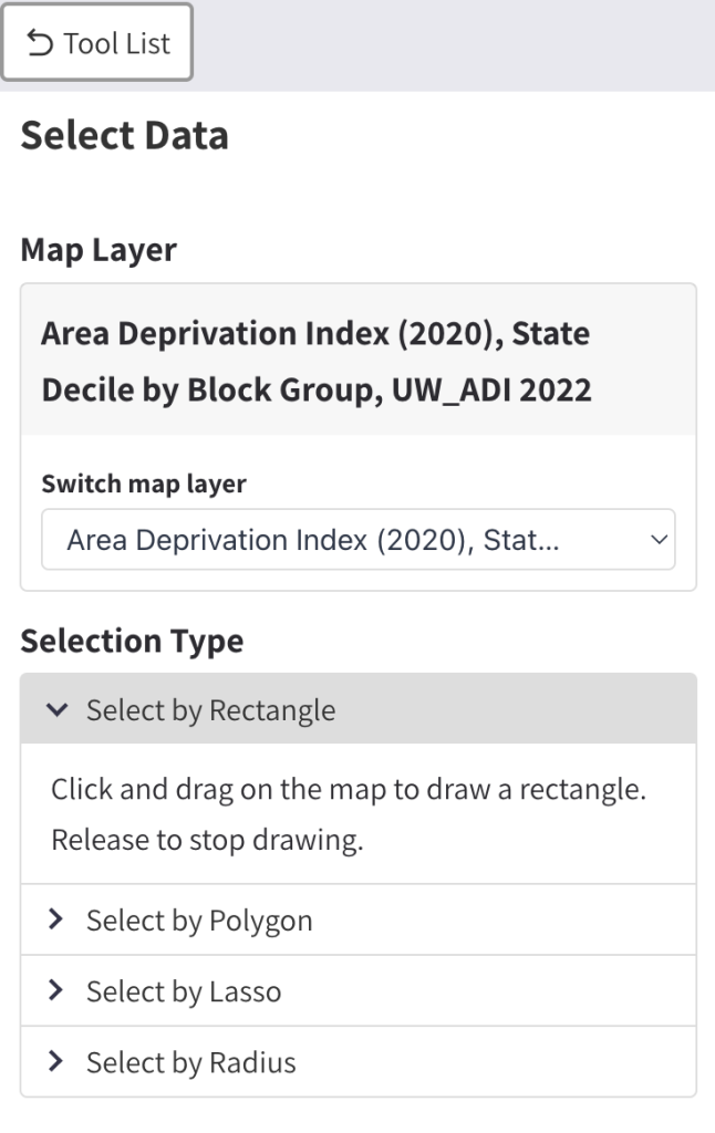 After choosing the Select Data tool, a window appears showing selection options of Rectangle, Polygon, Lasso, and Radius.